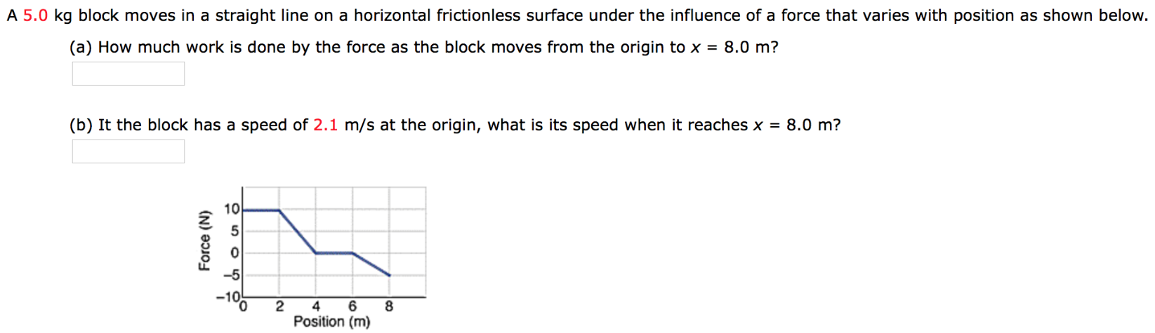 A 5.0 kg block moves in a straight line on a horizontal frictionless surface under the influence of a force that varies with position as shown below. (a) How much work is done by the force as the block moves from the origin to x = 8.0 m? (b) It the block has a speed of 2.1 m/s at the origin, what is its speed when it reaches x = 8.0 m?