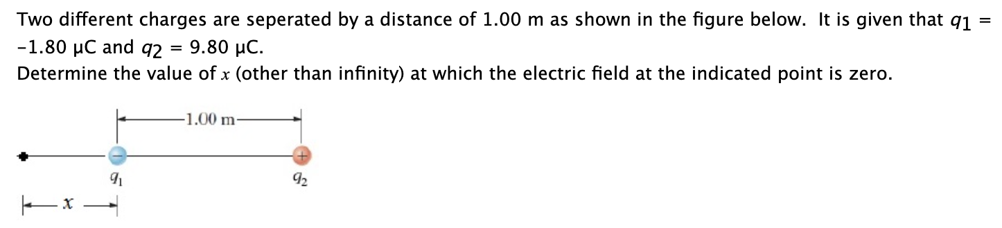 Two different charges are seperated by a distance of 1.00 m as shown in the figure below. It is given that q1 = −1.80 μC and q2 = 9.80 μC. Determine the value of x (other than infinity) at which the electric field at the indicated point is zero.