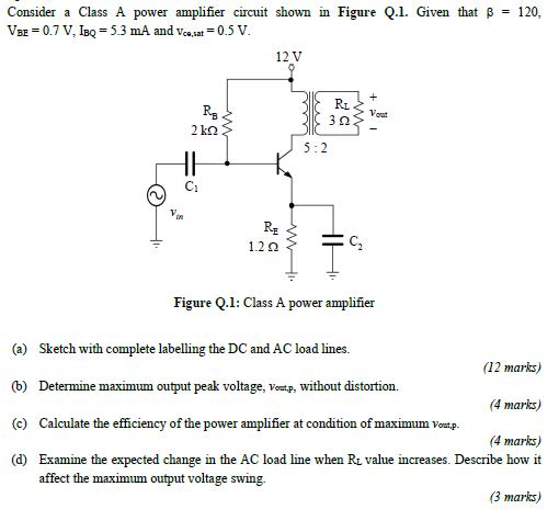 Consider a Class A power amplifier circuit shown in Figure Q.1. Given that β = 120, VBE = 0.7 V, IBQ = 5.3 mA and vce,sat = 0.5 V. Figure Q. 1: Class A power amplifier (a) Sketch with complete labelling the DC and AC load lines. (12 marks) (b) Determine maximum output peak voltage, voutp, without distortion. (4 marks) (c) Calculate the efficiency of the power amplifier at condition of maximum voutp. (4 marks) (d) Examine the expected change in the AC load line when RL value increases. Describe how it affect the maximum output voltage swing. (3 marks)