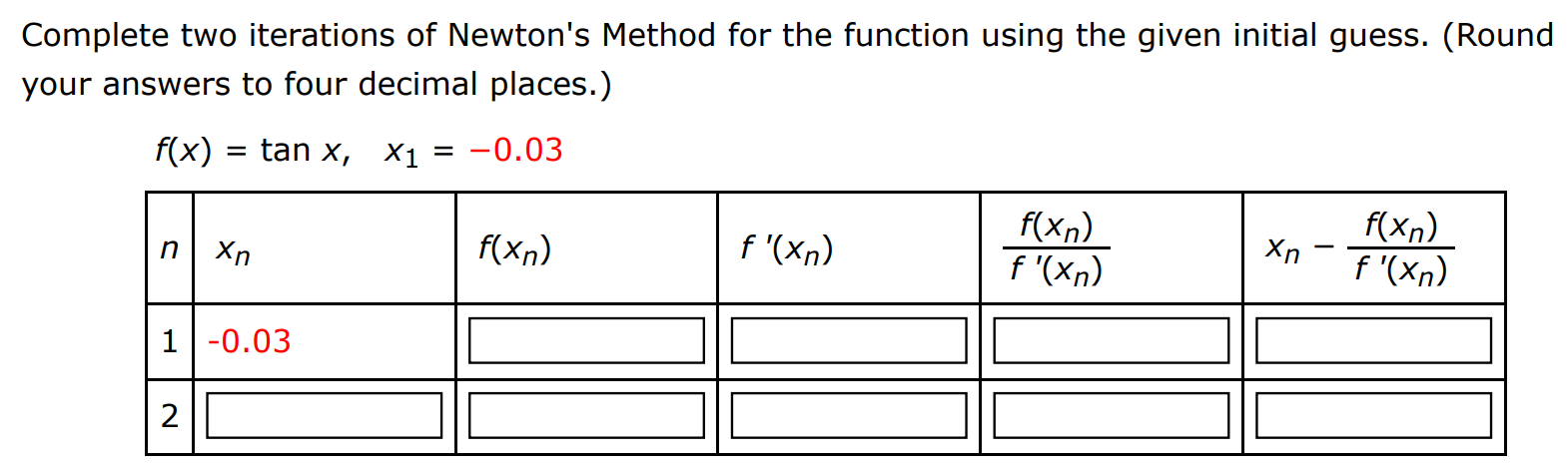 Complete two iterations of Newton's Method for the function using the given initial guess. (Round your answers to four decimal places.) f(x) = tan⁡x, x1 = −0.03