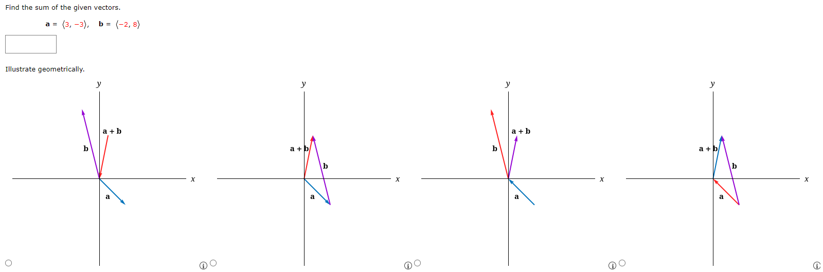 Find the sum of the given vectors. a = ⟨3, −3⟩, b = ⟨−2, 8⟩ Illustrate geometrically.