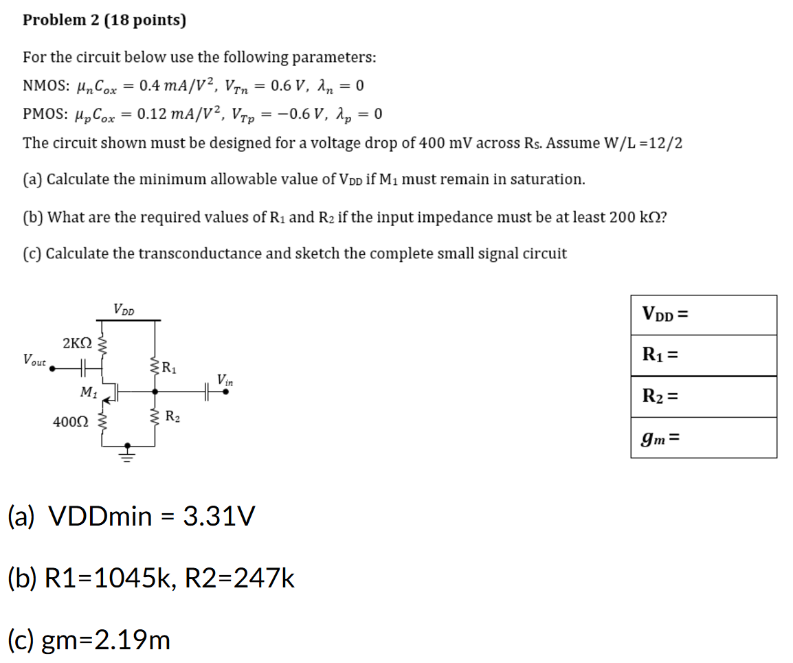 Problem 2 (18 points) For the circuit below use the following parameters: NMOS: μnCox = 0.4 mA/V2, VTn = 0.6 V, λn = 0 PMOS: μpCox = 0.12 mA/V2, VTp = −0.6 V, λp = 0 The circuit shown must be designed for a voltage drop of 400 mV across Rs. Assume W/L = 12/2 (a) Calculate the minimum allowable value of VDD if M1 must remain in saturation. (b) What are the required values of R1 and R2 if the input impedance must be at least 200 kΩ? (c) Calculate the transconductance and sketch the complete small signal circuit (a) VDDmin = 3.31V (b) R1 = 1045 k, R2 = 247k (c) gm = 2.19m