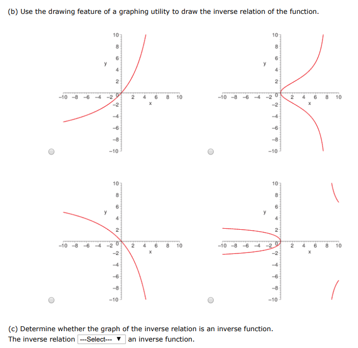 Consider the function. g(x) = 8x2 x2+9 (a) Use a graphing utility to graph the function. (b) Use the drawing feature of a graphing utility to draw the inverse relation of the function. (c) Determine whether the graph of the inverse relation is an inverse function. The inverse relation an inverse function. 