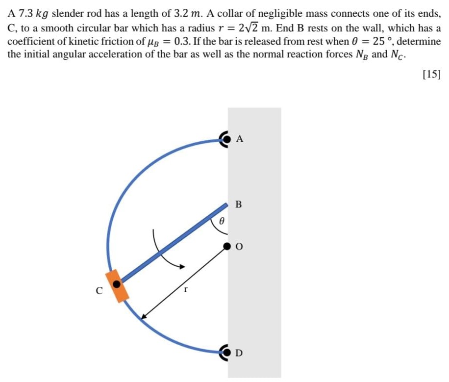 A 7.3 kg slender rod has a length of 3.2 m. A collar of negligible mass connects one of its ends, C, to a smooth circular bar which has a radius r = 22 m. End B rests on the wall, which has a coefficient of kinetic friction of μB = 0.3. If the bar is released from rest when θ = 25∘, determine the initial angular acceleration of the bar as well as the normal reaction forces NB and NC. [15]