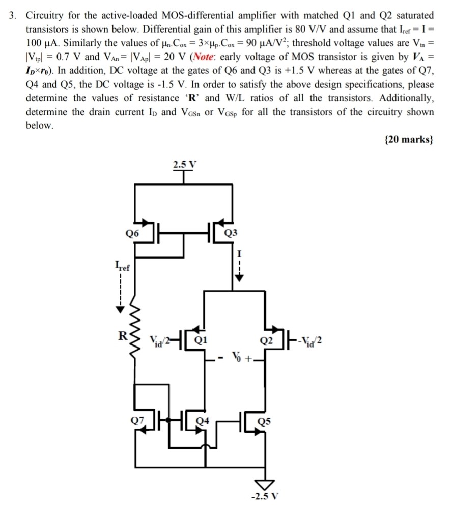 Circuitry for the active-loaded MOS-differential amplifier with matched Q1 and Q2 saturated transistors is shown below. Differential gain of this amplifier is 80 V/V and assume that Iref = I = 100 μA. Similarly the values of μn⋅Cox = 3×μp⋅Cox = 90 μA/V2; threshold voltage values are Vtn = |Vtp| = 0.7 V and VAn = |VAp| = 20 V (Note: early voltage of MOS transistor is given by VA = ID×r0). In addition, DC voltage at the gates of Q6 and Q3 is +1.5 V whereas at the gates of Q7, Q4 and Q5, the DC voltage is -1.5 V. In order to satisfy the above design specifications, please determine the values of resistance ' R ' and W/L ratios of all the transistors. Additionally, determine the drain current ID and VGSn or VGSp for all the transistors of the circuitry shown below. {20 marks}