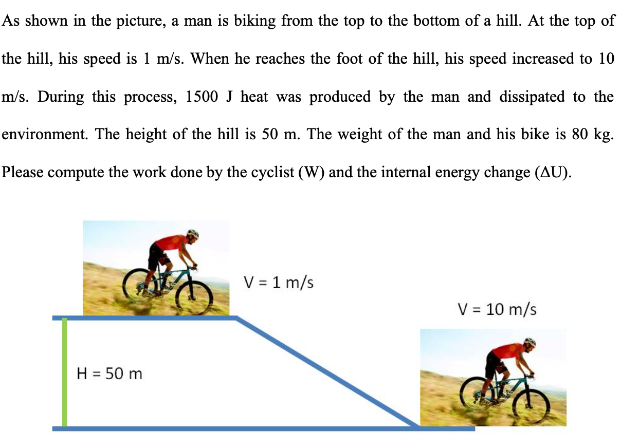 As shown in the picture, a man is biking from the top to the bottom of a hill. At the top of the hill, his speed is 1 m/s. When he reaches the foot of the hill, his speed increased to 10 m/s. During this process, 1500 J heat was produced by the man and dissipated to the environment. The height of the hill is 50 m. The weight of the man and his bike is 80 kg. Please compute the work done by the cyclist (W) and the internal energy change (ΔU).