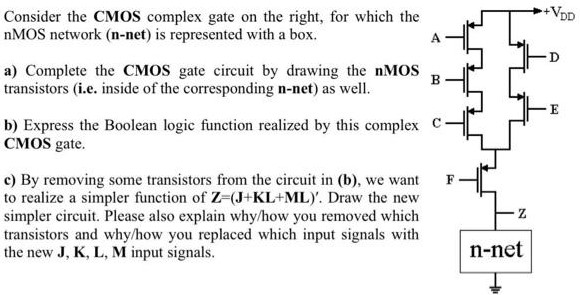 Consider the CMOS complex gate on the right, for which the nMOS network (n-net) is represented with a box. a) Complete the CMOS gate circuit by drawing the nMOS transistors (i.e. inside of the corresponding n-net) as well. b) Express the Boolean logic function realized by this complex CMOS gate. c) By removing some transistors from the circuit in (b), we want to realize a simpler function of Z = (J + KL + ML)’. Draw the new simpler circuit. Please also explain why/how you removed which transistors and why/how you replaced which input signals with the new J, K, L, M input signals.