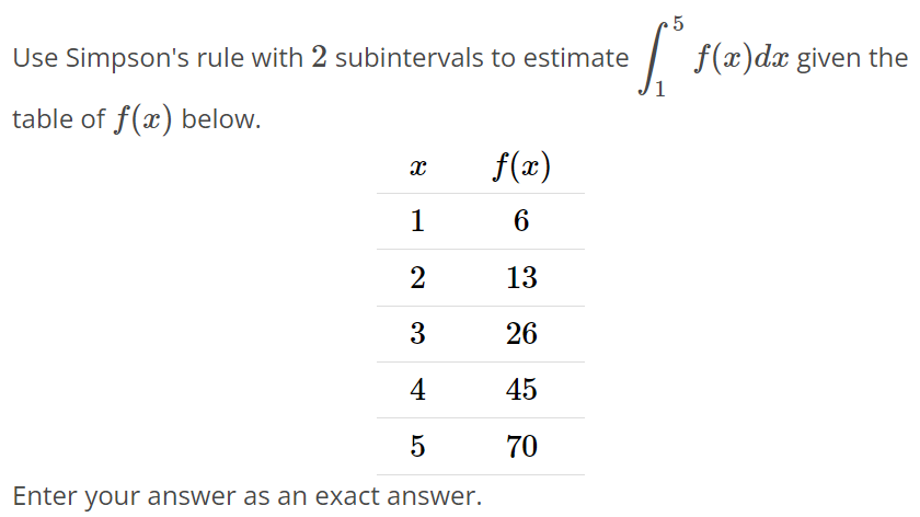 Use Simpson’s rule with 2 subintervals to estimate ∫1 5 f(x)dx given the table of f(x) below. x f(x) 1 6 2 13 3 26 4 45 5 70 Enter your answer as an exact answer.