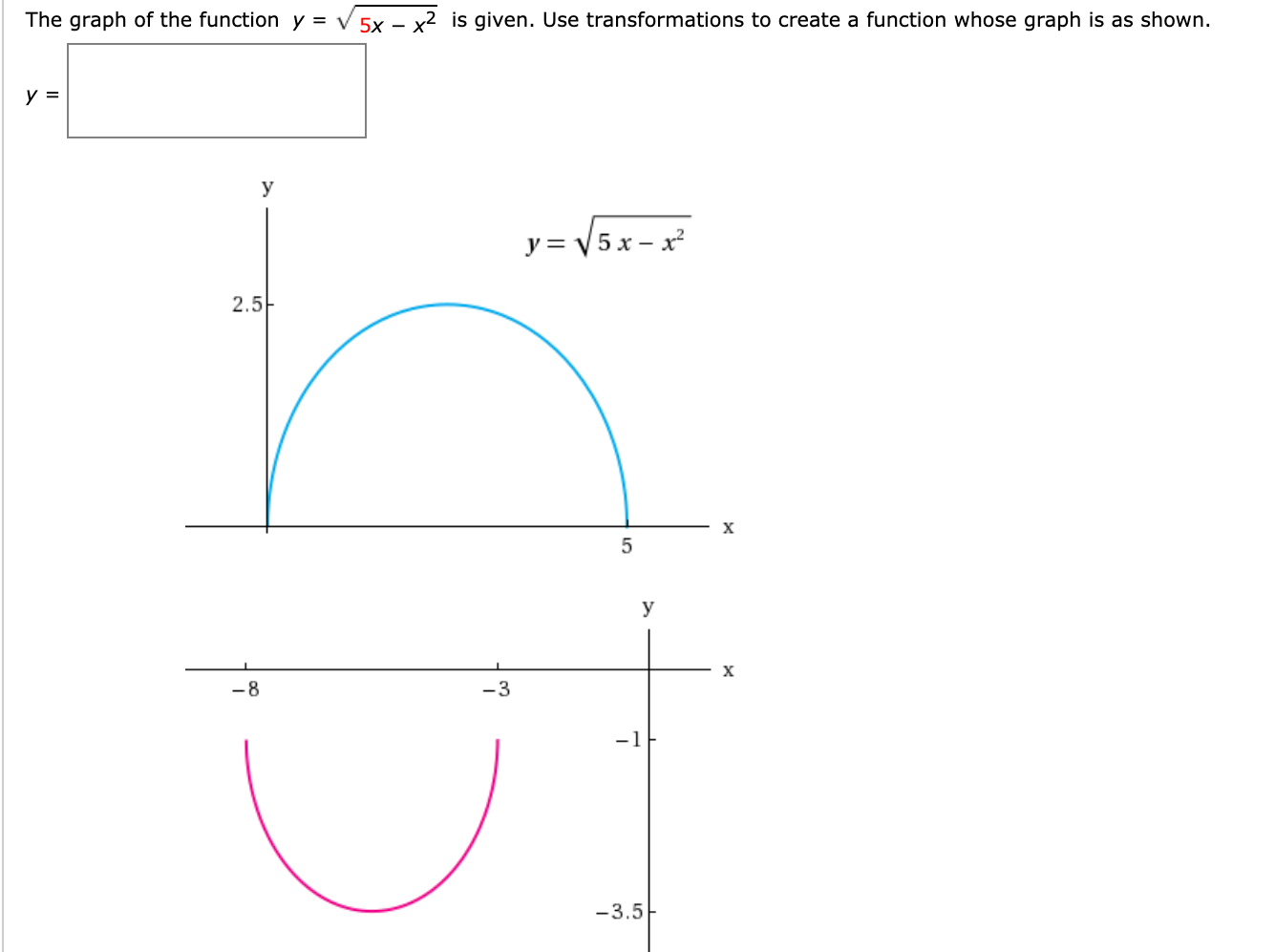 The graph of the function y = 5x − x2 is given. Use transformations to create a function whose graph is as shown. y =