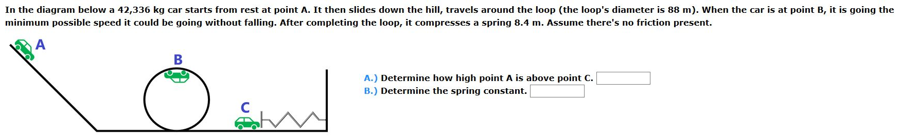 In the diagram below a 42, 336 kg car starts from rest at point A. It then slides down the hill, travels around the loop (the loop's diameter is 88 m). When the car is at point B, it is going the minimum possible speed it could be going without falling. After completing the loop, it compresses a spring 8.4 m. Assume there's no friction present. A.) Determine how high point A is above point C. B. ) Determine the spring constant.