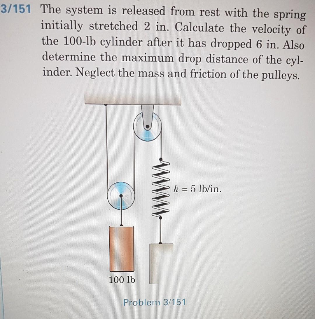 3/151 The system is released from rest with the spring initially stretched 2 in. Calculate the velocity of the 100−lb cylinder after it has dropped 6 in. Also determine the maximum drop distance of the cylinder. Neglect the mass and friction of the pulleys. Problem 3/151