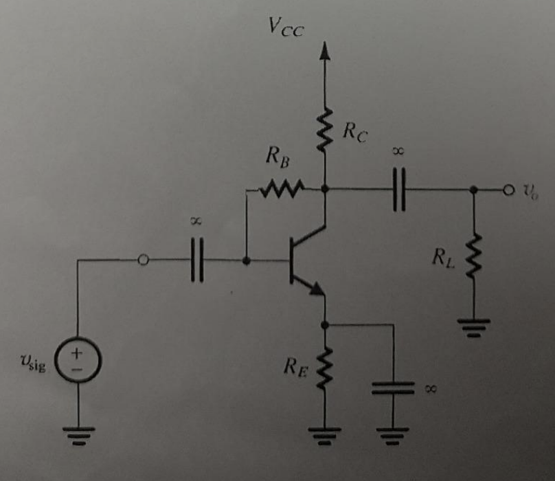 In the amplifier circuit diagram, given that the BJT has β≫1 and ro ≠ ∞, answer the following questions. (12 points) (a) Derive the expressions for ICQ and VCEQ at the operating point of the BJT. (4 points) (b) Draw the small-signal equivalent circuit of the amplifier. (2 points) (c) Derive the expressions for the input resistance (Rin) and voltage gain (Av) of the amplifier. (6 points)