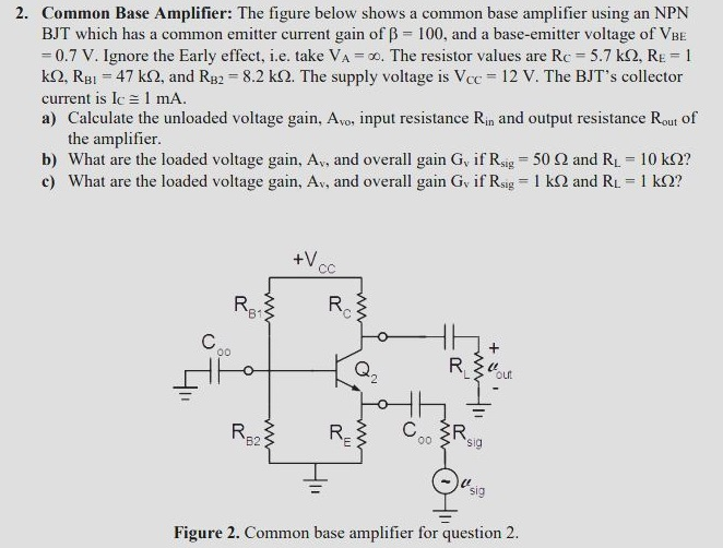 Common Base Amplifier: The figure below shows a common base amplifier using an NPN BJT which has a common emitter current gain of β = 100, and a base-emitter voltage of VBE = 0.7 V. Ignore the Early effect, i. e. take VA = ∞. The resistor values are RC = 5.7 kΩ, RE = 1 kΩ, RB1 = 47 kΩ, and RB2 = 8.2 kΩ. The supply voltage is VCC = 12 V. The BJT's collector current is IC≅1 mA. a) Calculate the unloaded voltage gain, Avo, input resistance Rin and output resistance Rout of the amplifier. b) What are the loaded voltage gain, Av, and overall gain Gv if Rsig = 50 Ω and RL = 10 kΩ? c) What are the loaded voltage gain, Av, and overall gain Gv if Rsig = 1 kΩ and RL = 1 kΩ? Figure 2. Common base amplifier for question 2.