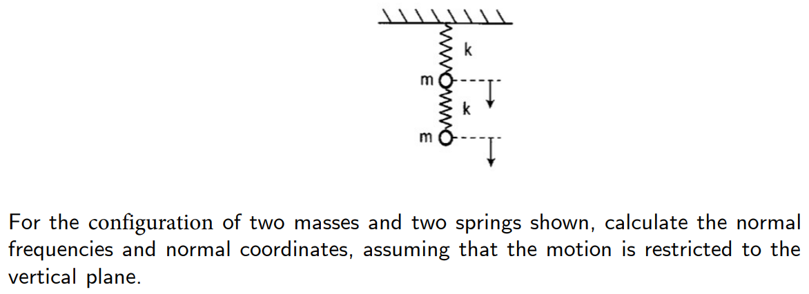 For the configuration of two masses and two springs shown, calculate the normal frequencies and normal coordinates, assuming that the motion is restricted to the vertical plane.