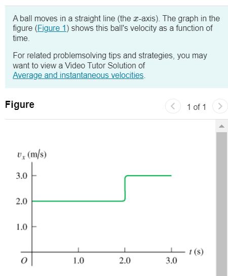 A ball moves in a straight line (the x-axis). The graph in the figure (Figure 1) shows this ball's velocity as a function of time. For related problemsolving tips and strategies, you may want to view a Video Tutor Solution of Average and instantaneous velocities. Figure 1 of 1 Part A What is the ball's average velocity during the first 2.7 s ? Express your answer in meters per second. Submit Request Answer Part B What is the ball's average speed during the first 2.7 s ? Express your answer in meters per second. vav = m/s Part C Suppose that the ball moved in such a way that the graph segment after 2.0 s was −3.0 m/s instead of +3.0 m/s. Find the ball's average velocity during the first 2.7 s in this case. Express your answer in meters per second. vav = m/s Submit Request Answer Part D Find the ball's average speed during the first 2.7 s in the case described in part C. Express your answer in meters per second.