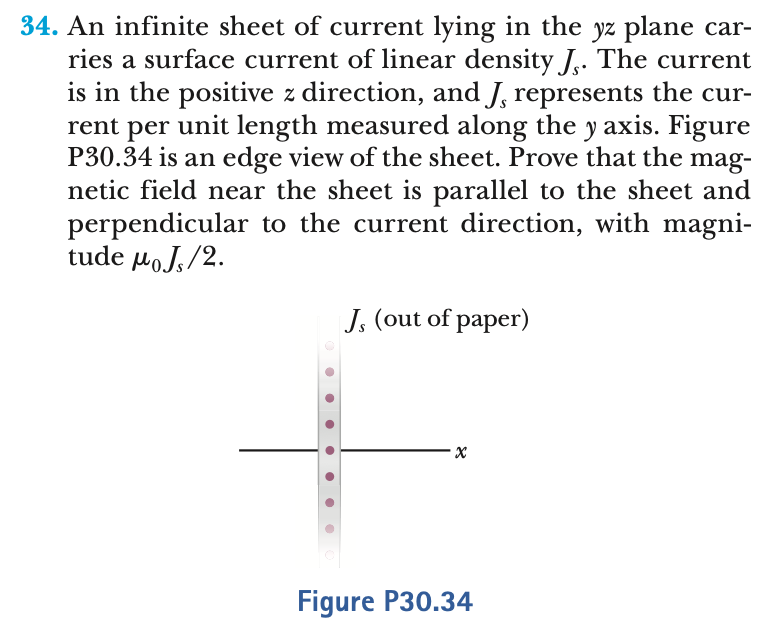 An infinite sheet of current lying in the yz plane carries a surface current of linear density Js. The current is in the positive z direction, and Js represents the current per unit length measured along the y axis. Figure P30.34 is an edge view of the sheet. Prove that the magnetic field near the sheet is parallel to the sheet and perpendicular to the current direction, with magnitude μ0Js/2. Figure P30.34