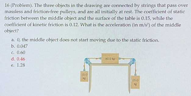 The three objects in the drawing are connected by strings that pass over massless and friction-free pulleys, and are all initially at rest. The coefficient of static friction between the middle object and the surface of the table is 0.15 , while the coefficient of kinetic friction is 0.12 . What is the acceleration (in m/s2) of the middle object? a. 0, the middle object does not start moving due to the static friction. b. 0.047 c. 0.60 d. 0.46 e. 1.28