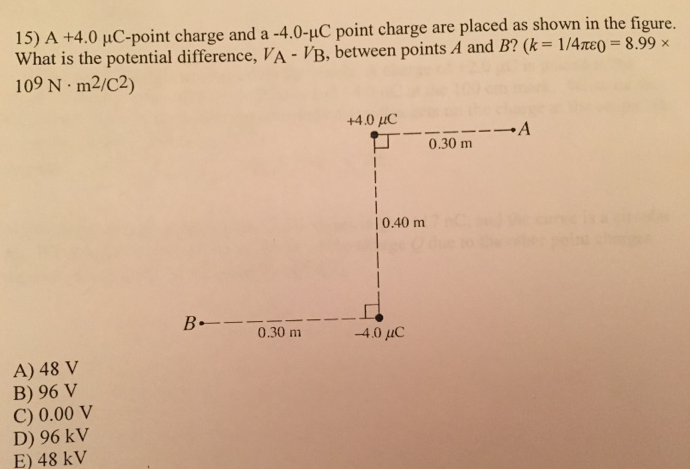 A +4.0 μC-point charge and a −4.0-μC point charge are placed as shown in the figure. What is the potential difference, VA−VB, between points A and B? (k = 1 /4πε0 = 8.99× 109 N⋅m2 /C2) A) 48 V B) 96 V C) 0.00 V D) 96 kV E) 48 kV