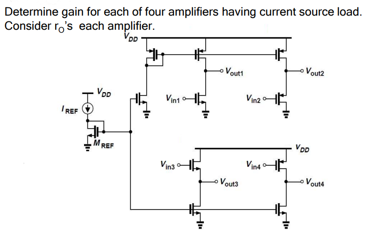 Determine gain for each of four amplifiers having current source load. Consider rO's each amplifier.