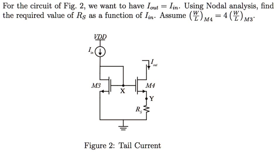 For the circuit of Fig. 2, we want to have Iout = Iin. Using Nodal analysis, find the required value of RS as a function of Iin. Assume (W/L)M4 = 4(W/L)M3. Figure 2: Tail Current 