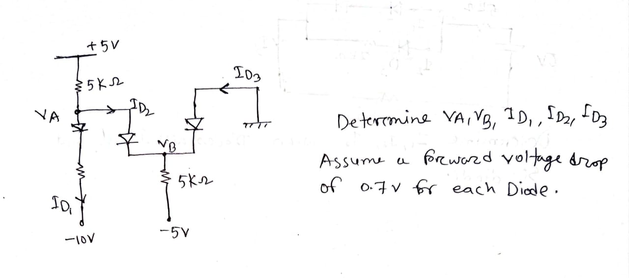 Determine VA, VB, ID1, ID2, ID3 Assume a forward voltage drop of 0.7 V for each Diode.