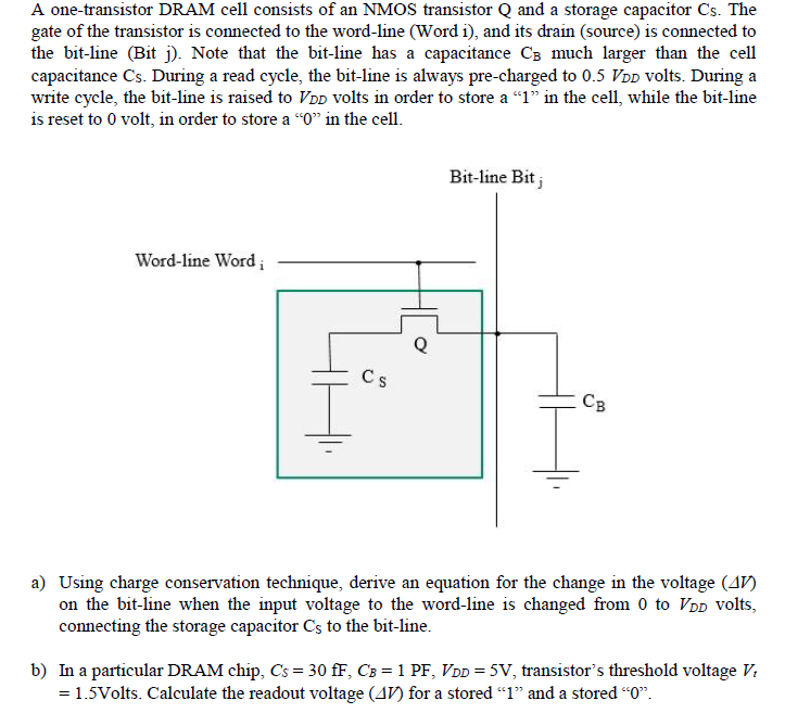 A one-transistor DRAM cell consists of an NMOS transistor Q and a storage capacitor Cs. The gate of the transistor is connected to the word-line (Word i), and its drain (source) is connected to the bit-line (Bit j). Note that the bit-line has a capacitance CB much larger than the cell capacitance Cs. During a read cycle, the bit-line is always pre-charged to 0.5VDD volts. During a write cycle, the bit-line is raised to VDD volts in order to store a "1" in the cell, while the bit-line is reset to 0 volt, in order to store a "0" in the cell. a) Using charge conservation technique, derive an equation for the change in the voltage (ΔV) on the bit-line when the input voltage to the word-line is changed from 0 to VDD volts, connecting the storage capacitor CS to the bit-line. b) In a particular DRAM chip, CS = 30 fF, CB = 1 PF, VDD = 5 V, transistor's threshold voltage Vt = 1.5 Volts. Calculate the readout voltage (ΔV) for a stored " 1 " and a stored " 0 ". 