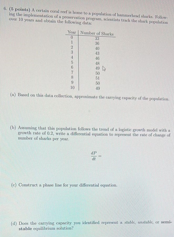 A certain coral reef is home to a population of hammerhead sharks. Following the implementation of a preservation program, scientists track the shark population over 10 years and obtain the following data: (a) Based on this data collection, approximate the carrying capacity of the population. (b) Assuming that this population follows the trend of a logistic growth model with a growth rate of 0.2, write a differential equation to represent the rate of change of number of sharks per year. dP dt = (c) Construct a phase line for your differential equation. (d) Does the carrying capacity you identified represent a stable unstable or semistable equilibrium solution?