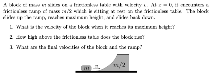 A block of mass m slides on a frictionless table with velocity v. At x = 0, it encounters a frictionless ramp of mass m/2 which is sitting at rest on the frictionless table. The block slides up the ramp, reaches maximum height, and slides back down. What is the velocity of the block when it reaches its maximum height? How high above the frictionless table does the block rise? What are the final velocities of the block and the ramp?