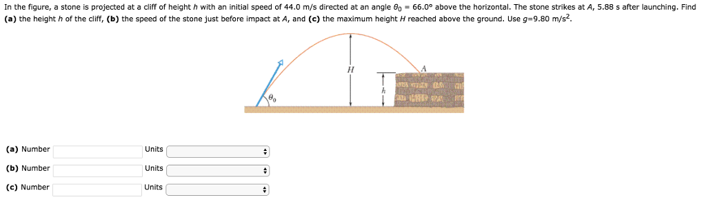 In the figure, a stone is projected at a cliff of height h with an initial speed of 44.0 m/s directed at an angle θ0 = 66.0∘ above the horizontal. The stone strikes at A, 5.88 s after launching. Find (a) the height h of the cliff, (b) the speed of the stone just before impact at A, and (c) the maximum height H reached above the ground. Use g = 9.80 m/s2. (a) Number Units (b) Number Units (c) Number Units