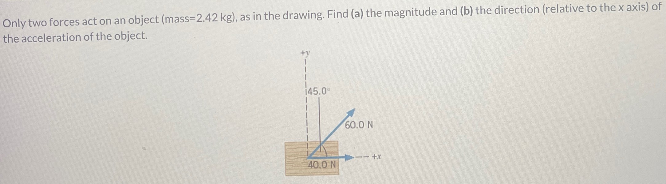 Only two forces act on an object (mass = 2.42 kg), as in the drawing. Find (a) the magnitude and (b) the direction (relative to the x axis) of the acceleration of the object.