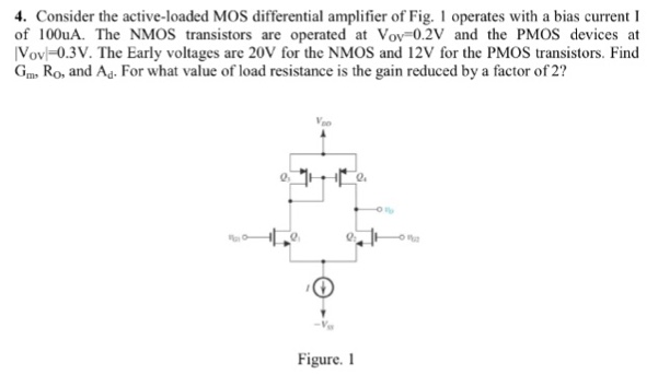  Consider the active-loaded MOS differential amplifier of Fig. 1 operates with a bias current I of 100uA. The NMOS transistors are operated at Vov = 0.2 V and the PMOS devices at |Vov| = 0.3 V. The Early voltages are 20 V for the NMOS and 12 V for the PMOS transistors. Find Gm, RO, and Ad. For what value of load resistance is the gain reduced by a factor of 2? Figure. 1 