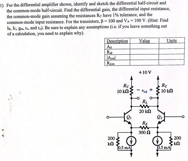 For the differential amplifier shown, identify and sketch the differential half-circuit and the common-mode half-circuit. Find the differential gain, the differential input resistance, the common-mode gain assuming the resistances Rcc have 1% tolerance, and the common-mode input resistance. For the transistors, β = 100 and VA = 100 V. (Hint: Find IE, IC, gm, re, and ro ). Be sure to explain any assumptions (i. e. if you leave something out of a calculation, you need to explain why). 