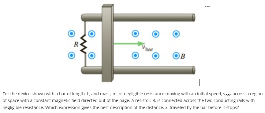 For the device shown with a bar of length, L, and mass, m, of negligible resistance moving with an initial speed, vbar, across a region of space with a constant magnetic field directed out of the page. A resistor, R, is connected across the two conducting rails with negligible resistance. Which expression gives the best description of the distance, x, traveled by the bar before it stops?