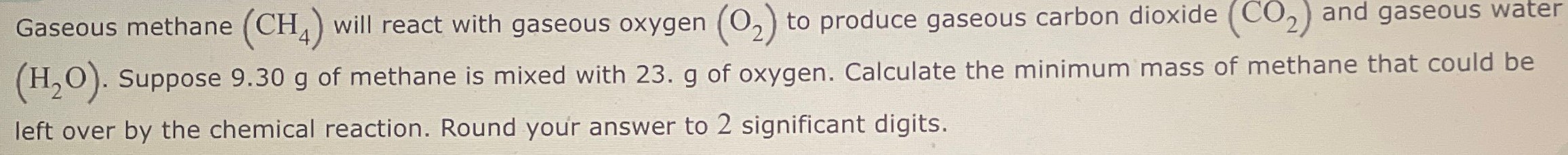 Gaseous methane (CH4) will react with gaseous oxygen (O2) to produce gaseous carbon dioxide (CO2) and gaseous water (H2O). Suppose 9.30 g of methane is mixed with 23. g of oxygen. Calculate the minimum mass of methane that could be left over by the chemical reaction. Round your answer to 2 significant digits.