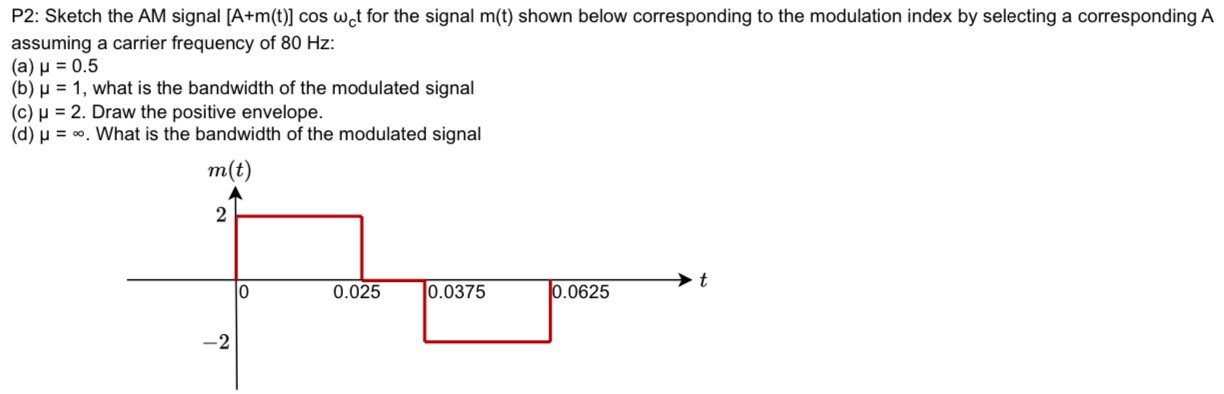 P2: Sketch the AM signal [A+m(t)]cos⁡ωct for the signal m(t) shown below corresponding to the modulation index by selecting a corresponding A assuming a carrier frequency of 80 Hz : (a) μ = 0.5 (b) μ = 1, what is the bandwidth of the modulated signal (c) μ = 2. Draw the positive envelope. (d) μ = ∞. What is the bandwidth of the modulated signal 