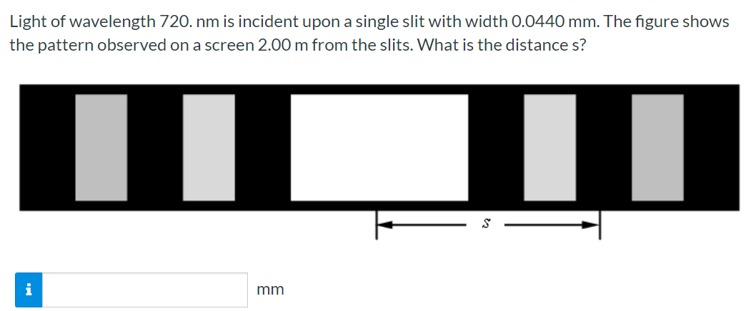 Light of wavelength 720. nm is incident upon a single slit with width 0.0440 mm . The figure shows the pattern observed on a screen 2.00 m from the slits. What is the distance s? mm