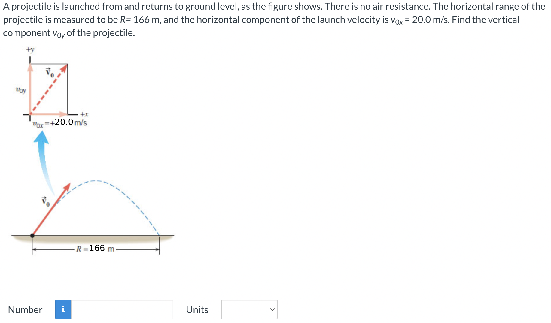 A projectile is launched from and returns to ground level, as the figure shows. There is no air resistance. The horizontal range of the projectile is measured to be R = 166 m, and the horizontal component of the launch velocity is v0x = 20.0 m/s. Find the vertical component v0y of the projectile. Number Units