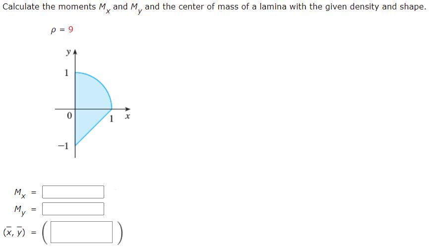 Calculate the moments Mx and My and the center of mass of a lamina with the given density and shape. ρ = 9 Mx = My = (x¯, y¯) = ()