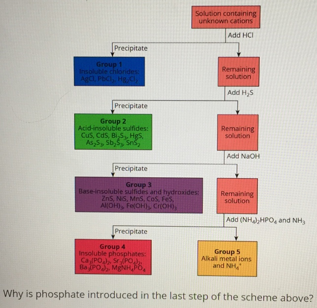 Why is phosphate introduced in the last step of the scheme above? Select the correct answer below: Only alkaline earth metal cations form insoluble phosphates. A large number of cations form insoluble phosphates. Phosphate is a selective reagent in qualitative analysis. Phosphate forms soluble compounds with most metal cations. 