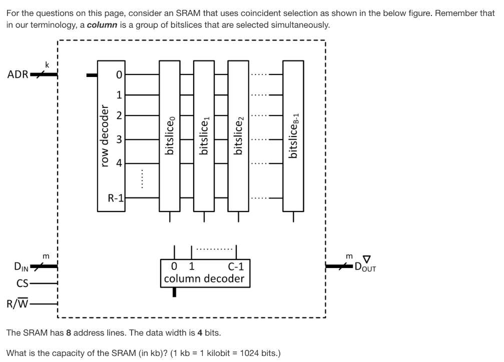 For the questions on this page, consider an SRAM that uses coincident selection as shown in the below figure. Remember that in our terminology, a column is a group of bitslices that are selected simultaneously. The SRAM has 8 address lines. The data width is 4 bits. What is the capacity of the SRAM (in kb)? (1 kb = 1 kilobit = 1024 bits.)