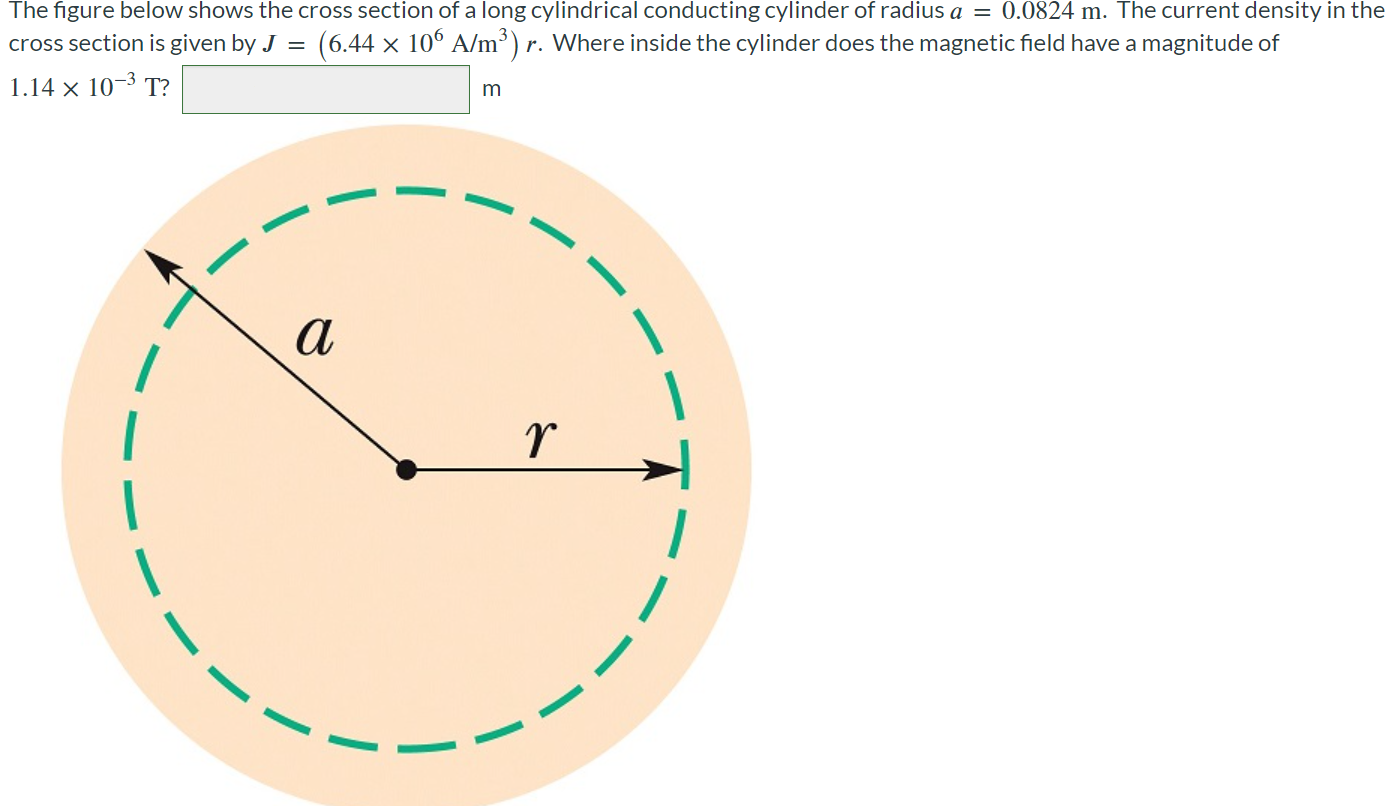 The figure below shows the cross section of a long cylindrical conducting cylinder of radius a = 0.0824 m. The current density in the cross section is given by J = (6.44 × 106 A/m3) r. Where inside the cylinder does the magnetic field have a magnitude of 1.14 × 10-3 T?