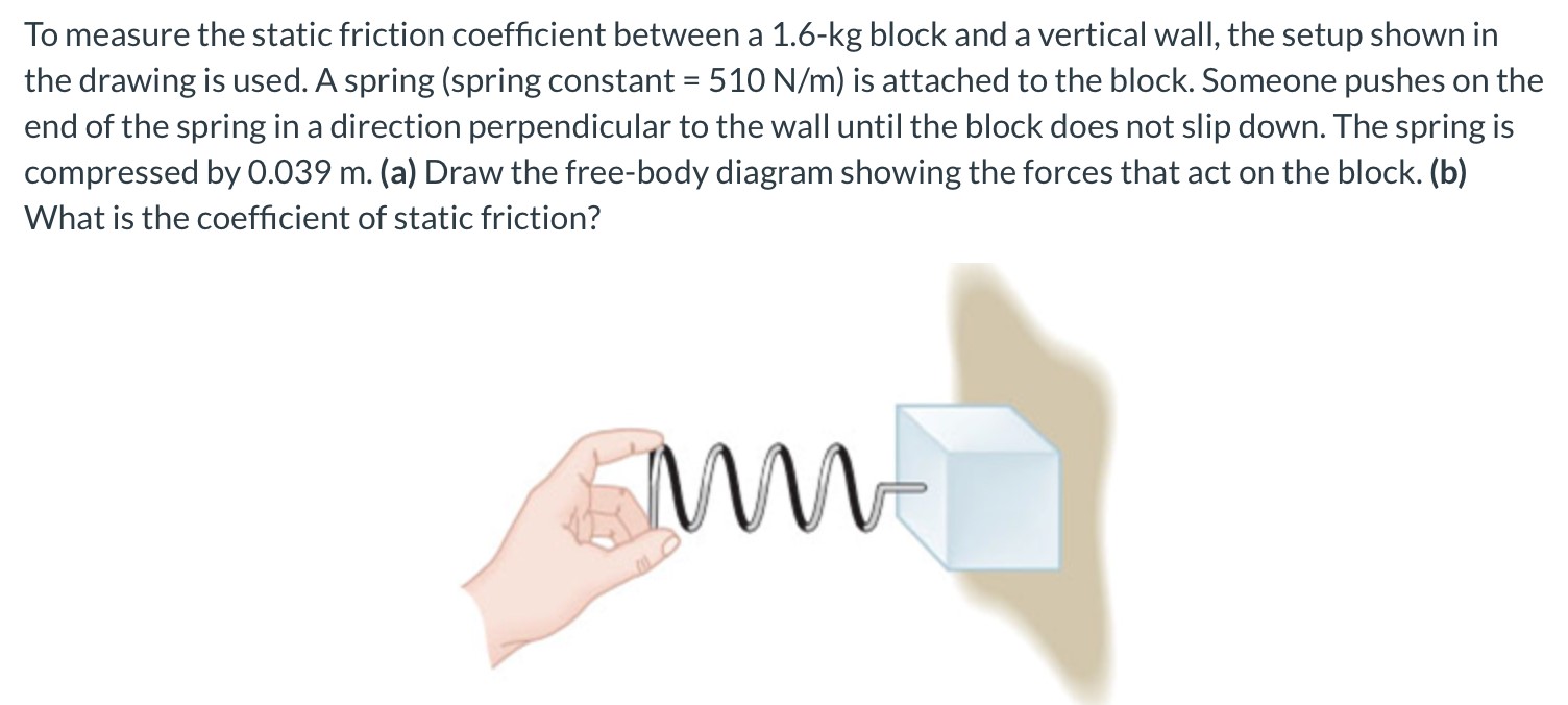 To measure the static friction coefficient between a 1.6−kg block and a vertical wall, the setup shown in the drawing is used. A spring (spring constant = 510 N/m ) is attached to the block. Someone pushes on the end of the spring in a direction perpendicular to the wall until the block does not slip down. The spring is compressed by 0.039 m. (a) Draw the free-body diagram showing the forces that act on the block. (b) What is the coefficient of static friction?