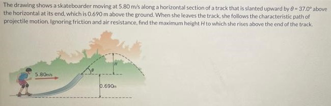 The drawing shows a skateboarder moving at 5.80 m/s along a horizontal section of a track that is slanted upward by θ = 37.0∘ above the horizontal at its end, which is 0.690 m above the ground. When she leaves the track, she follows the characteristic path of projectile motion. Ignoring friction and air resistance, find the maximum height H to which she rises above the end of the track.