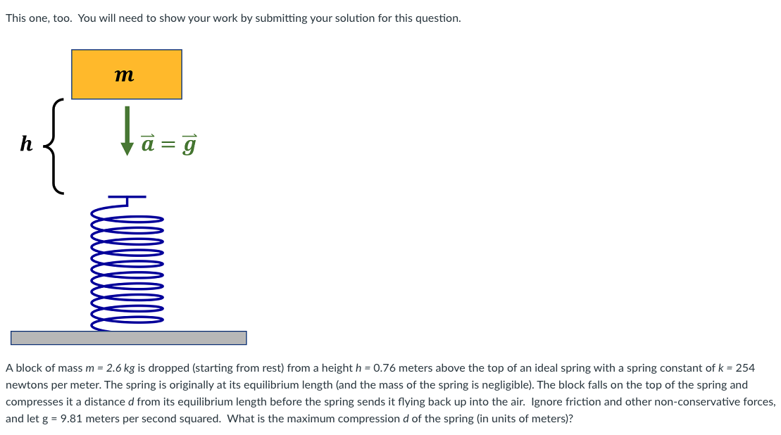 A block of mass m = 2.6 kg is dropped (starting from rest) from a height h = 0.76 meters above the top of an ideal spring with a spring constant of k = 254 newtons per meter. The spring is originally at its equilibrium length (and the mass of the spring is negligible). The block falls on the top of the spring and compresses it a distance d from its equilibrium length before the spring sends it flying back up into the air. Ignore friction and other non-conservative forces, and let g = 9.81 meters per second squared. What is the maximum compression d of the spring (in units of meters)? This one, too. You will need to show your work by submitting your solution for this question.