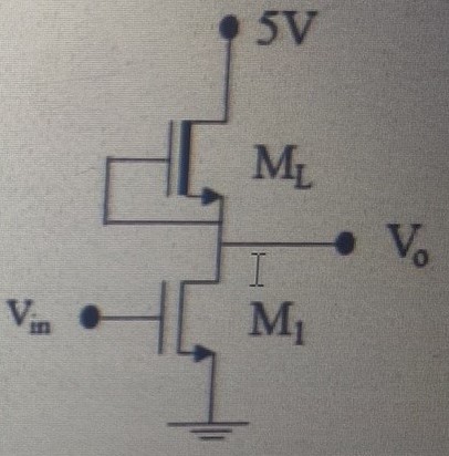 For the NMOS inverter with depletion load assume VDD = 5 V, VT1 = 1 V, and VTL = −1.2 V. For Vin = 0.63, VDG2 is a. 0.25 b. 4.00 c. 5.00 d. 0.00 