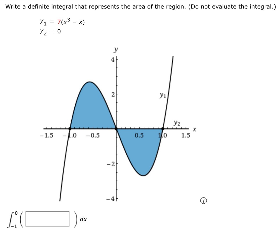 Write a definite integral that represents the area of the region. (Do not evaluate the integral.) y1 = 7(x3 − x) y2 = 0 ∫−1 0 ( )dx