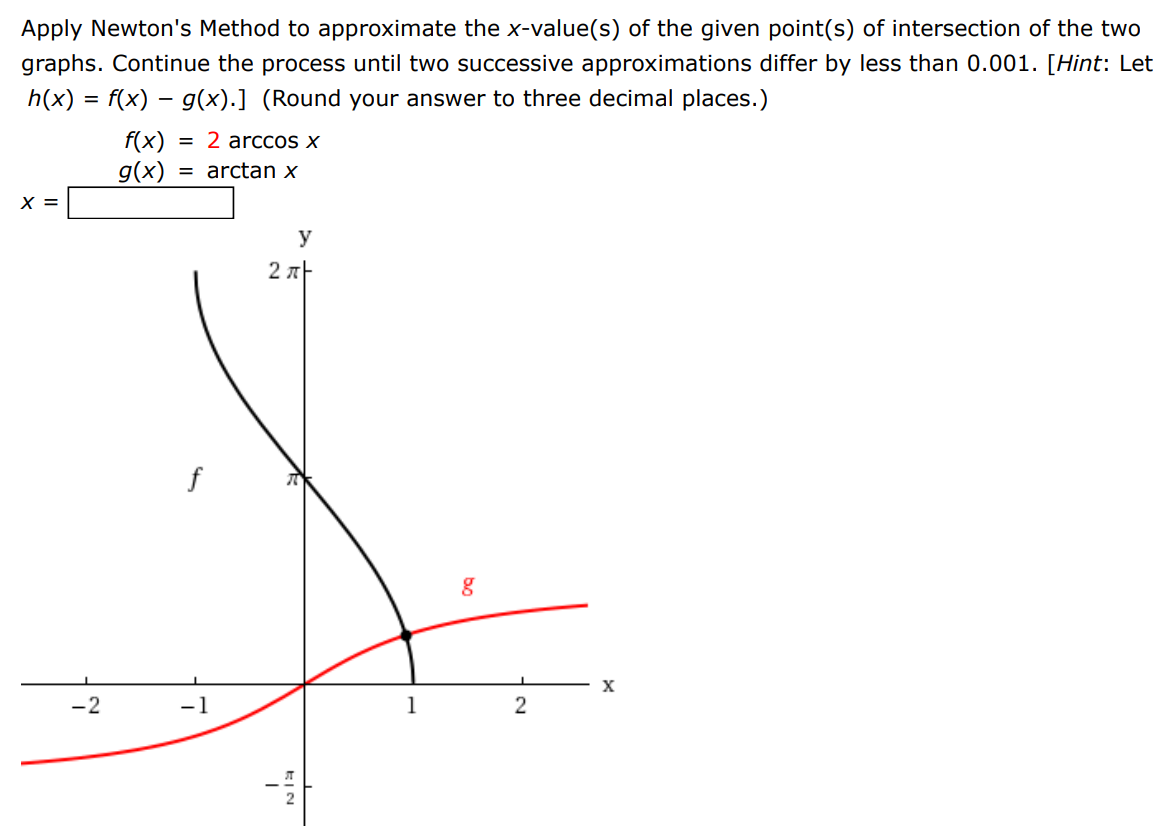 Apply Newton's Method to approximate the x-value(s) of the given point(s) of intersection of the two graphs. Continue the process until two successive approximations differ by less than 0.001 . [Hint: Let h(x) = f(x) − g(x).] (Round your answer to three decimal places. ) f(x) = 2 arccos⁡x g(x) = arctan⁡x