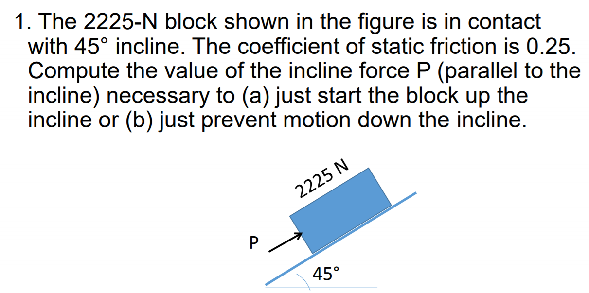 The 2225−N block shown in the figure is in contact with 45∘ incline. The coefficient of static friction is 0.25. Compute the value of the incline force P (parallel to the incline) necessary to (a) just start the block up the incline or (b) just prevent motion down the incline.