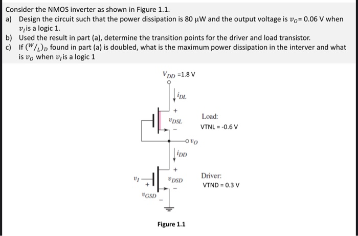 Consider the NMOS inverter as shown in Figure 1.1. a) Design the circuit such that the power dissipation is 80 μW and the output voltage is vO = 0.06 V when vl is a logic 1. b) Used the result in part (a), determine the transition points for the driver and load transistor. c) If (W/L)D found in part (a) is doubled, what is the maximum power dissipation in the interver and what is vO when vl is a logic 1 Figure 1.1 