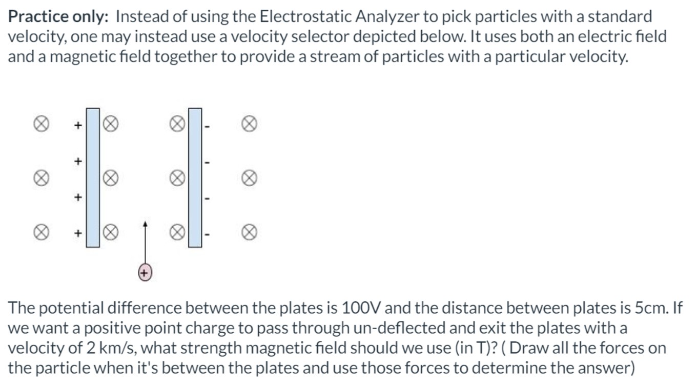 Practice only: Instead of using the Electrostatic Analyzer to pick particles with a standard velocity, one may instead use a velocity selector depicted below. It uses both an electric field and a magnetic field together to provide a stream of particles with a particular velocity. The potential difference between the plates is 100 V and the distance between plates is 5 cm. If we want a positive point charge to pass through un-deflected and exit the plates with a velocity of 2 km/s, what strength magnetic field should we use (in T)? ( Draw all the forces on the particle when it's between the plates and use those forces to determine the answer)